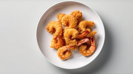Top View, White Round Plate With Fried Shrimpの素材