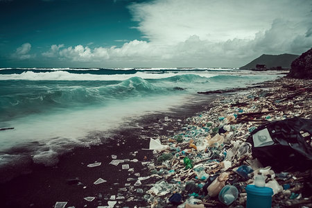 A Pile Of Plastic Trash Against A Blue Oceanの素材