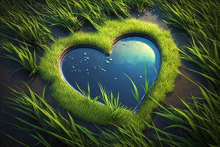 A Puddle On The Ground In The Shape Of A Heart With Grass Around Itの素材