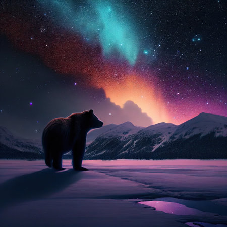 Beautiful Landscape With Snow Northern Lights With Bearの素材
