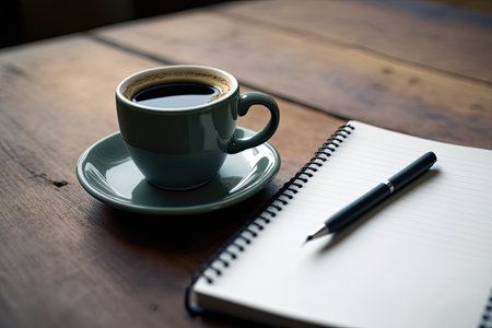 A Cup Of Coffee Next To An Empty Notebook On The Tableの素材