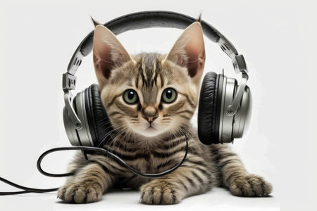 A Cat With Headphones On A White Backgroundの素材