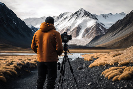A Man Standing Backwards In The Distance Against A Backの素材
