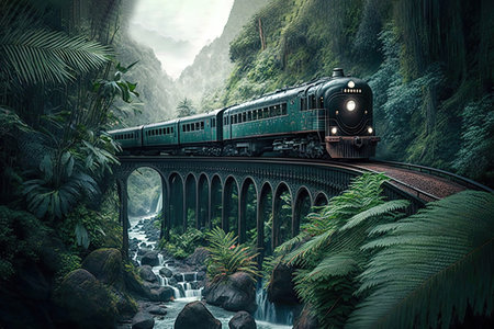 A Train Rides Over A Bridge A Rainforest All Aroundの素材