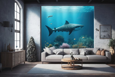 Beautiful Light Modern Interior With A Wall Made Of Aquariumの素材