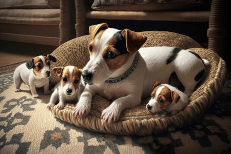 Jack Russell Terrier With Puppies Lying On A Cushionの素材