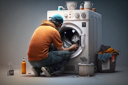 Worker Sits With His Back Turned Repairing Washing Machineの素材