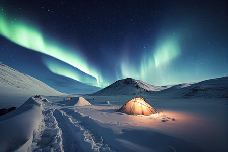 Tents In The Snow With Views Of The Mountains Northern Lightsの素材
