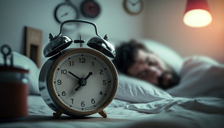 Alarm Clock Background Of An Unfocused Man Sleeping On A White Bedの素材