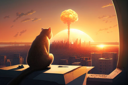 A Cat Sits On The Roof Of A Building At Sunset Looking Out Over A City With A Nuclear Explosionの素材