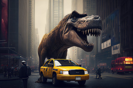Dinosaur Tyrannosaurus In A Big Modern City Next To A Cabの素材