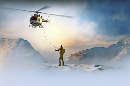 Man Defies Limits Of Nature, Riding Helicopter To Find Salvation In Desperate Timesの素材