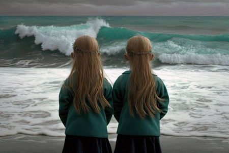 Two Redheaded Twin Girls Standing With Their Backs To The Seaの素材
