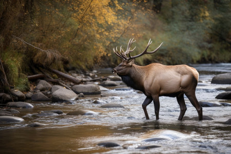 A Bull Elk Bugling Near A Mountain Streamの素材