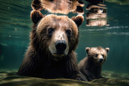 Bear With A Cub Swimming Underwaterの素材