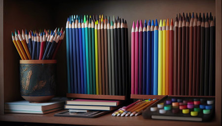A Collection Of Colored Pencils And Sketch Pads On A Shelfの素材