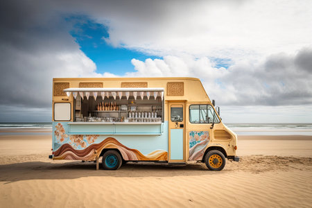 A Food Truck Parked On A Wooden Boardwalk, With The Sea And Sand In The Backgroundの素材