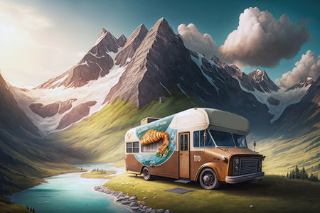A Food Truck Parked On A Winding Mountain Road, With Beautiful Scenery Stretching Out In Every Directionの素材