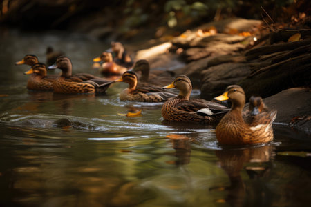 Flock Of Ducks Swimming In A Calm Streamの素材