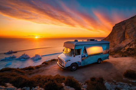 A Food Truck Parked On The Edge Of A Cliff, With A Stunning Sunset Or Sunrise In The Backgroundの素材