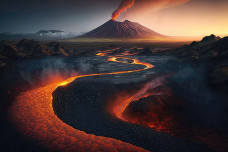A Land Of Fire And Lava With Volcanic Mountainsの素材
