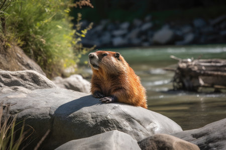 A Marmot Sunbathing Near A Riverの素材