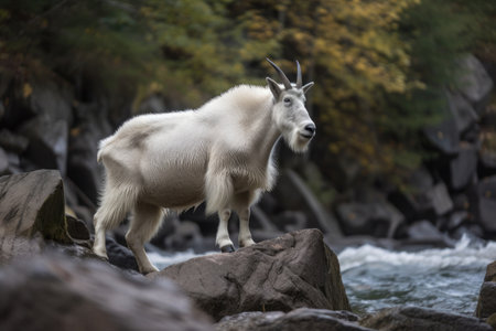 A Mountain Goat Standing On A Rocky Cliff Near A Riverの素材