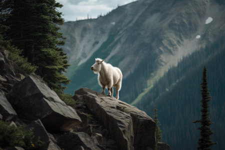 A Mountain Goat Perched On A Rocky Peak Near A Riverの素材