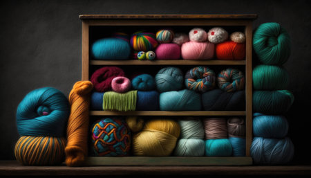 A Pile Of Colorful Yarns On A Wooden Shelfの素材