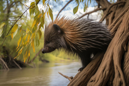 Porcupine Climbing A Tree Near A Riverの素材