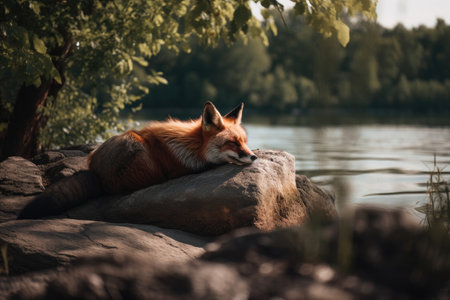 A Red Fox Sleeping On A Rock Near A Riverの素材