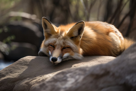 A Red Fox Sleeping On A Rock Near A Riverの素材