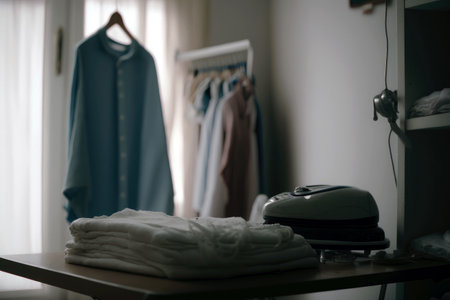 A Stack Of Things On An Ironing Board In The Background Is A Closet With Unfocused Clothes White Roomの素材