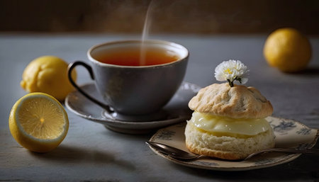 A Spoonful Of Lemon Curd On A Scone Next To A Cup Of Earl Gray Teaの素材
