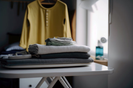 A Stack Of Things On An Ironing Board In The Background Is A Closet With Unfocused Clothes White Roomの素材