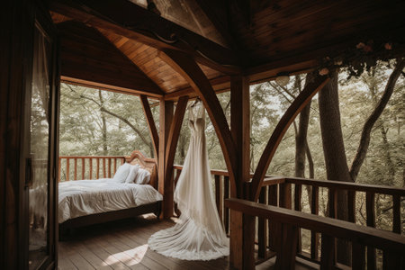 A Wedding Dress Hanging On A Hanger In A Whimsical Treehouse With A Canopy Bed And Forest Viewsの素材