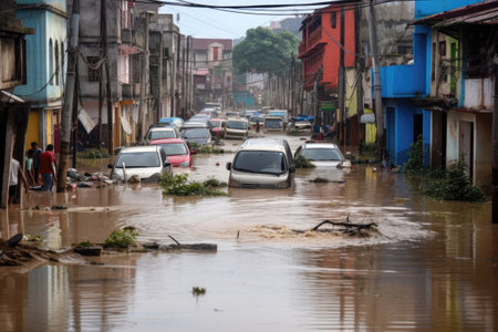 Cataclysmic Flooding In A City With A Lot Of Carsの素材