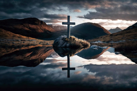 Cross On Mountain Reflected In Lake, Cinematicの素材