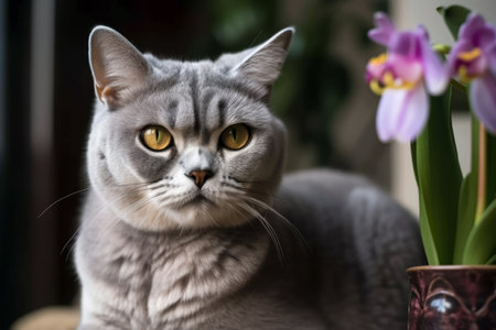 Gray British Cat Next To Orchidの素材