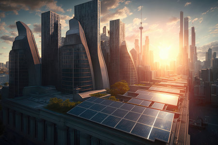 Solar Panels On The Rooftops Of The Big Cityの素材