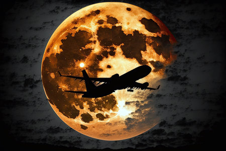 Silhouette Of A Flying Airplane Against The Background Of The Big Moonの素材