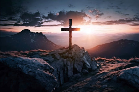 Sunset Behind Cross On Mountain Top, Cinematicの素材