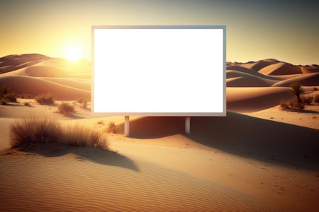 Blank Billboard Transparent Mock Up, Png. Background With Unfocused Desert Landscape With Sandの素材
