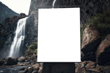 Blank Billboard Transparent Mock Up, Png. Background With Unfocused Majestic Waterfall Cascadingの素材
