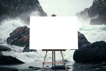 Blank Bigboard Transparent Mock Up, Png. Background With Unfocused Dramatic Ocean Wavesの素材