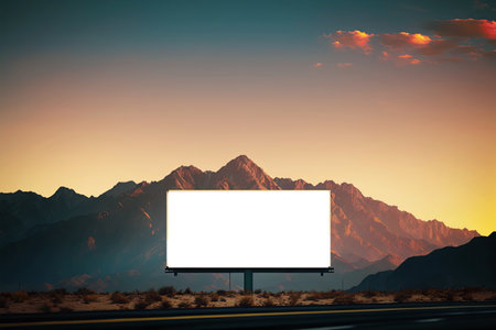 Blank Billboard Transparent Mock Up, Png. Background With Unfocused Mountain Range Silhouetteの素材