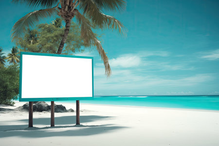 Blank Billboard Transparent Mock Up, Png. Background With Unfocused Serene Beach With Turquoiseの素材