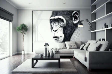 Wide Shot White Room On Wall With Geometric Style Monkeyの素材