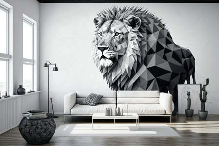 Wide Shot White Room On Wall With Lion Pattern In Geometric Styleの素材