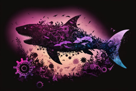 Silhouette In Profile Of A Shark Running Made Of Gears Flowersの素材